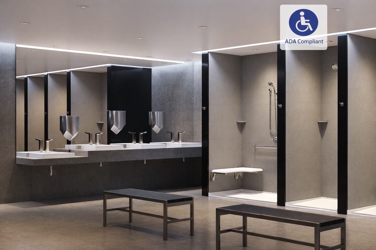 ADA compliant wall mounted large bathroom sink with proper knee clearance for wheelchair access in commercial restroom